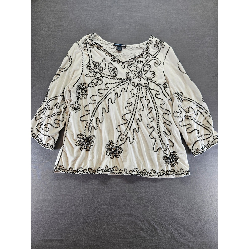 Saint Tropez West Woman Cream Black Soutache Embroidered V-Neck Blouse 1X
